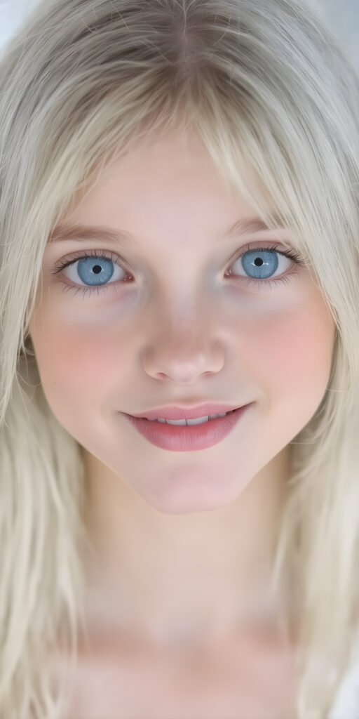 A (((perfect female girl))) with soft, (((straight white hair))) and (((natural blue eyes))), that convey a sense of innocence and playfulness, framed by a (full, slightly turned head) that exudes a sense of refined grace. Her lips are parted in a (((playful smile))), with perfectly aligned teeth that make a (((beautiful show of her entire mouth))), a fair complexion that complements her delicate features, and (((beautifully detailed skin))). Her face is (((perfectly drawn)), with intricate details that convey a sense of luxurious opulence. She's dressed in a (((beautifully detailed, elegant white dress))), that emphasizes her perfect body and complements her advanced beauty. (((The image is expertly drawn and showcases her at her best, with perfect focus and contrast that bring out her natural beauty))).
