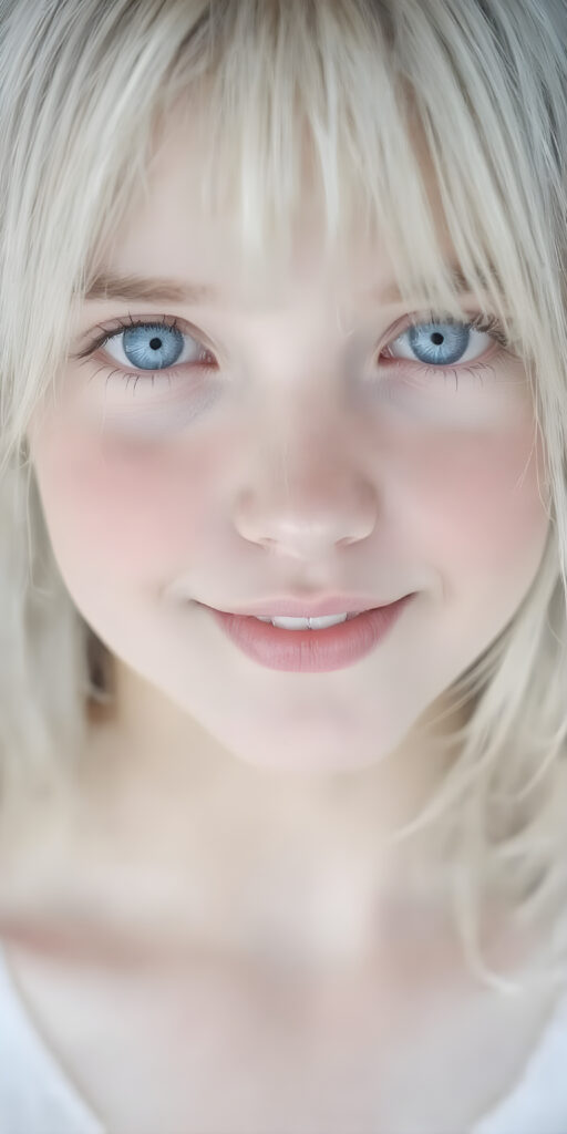 A (((perfect female girl))) with soft, (((straight white hair))) and (((natural blue eyes))), that convey a sense of innocence and playfulness, framed by a (full, slightly turned head) that exudes a sense of refined grace. Her lips are parted in a (((playful smile))), with perfectly aligned teeth that make a (((beautiful show of her entire mouth))), a fair complexion that complements her delicate features, and (((beautifully detailed skin))). Her face is (((perfectly drawn)), with intricate details that convey a sense of luxurious opulence. She's dressed in a (((beautifully detailed, elegant white dress))), that emphasizes her perfect body and complements her advanced beauty. (((The image is expertly drawn and showcases her at her best, with perfect focus and contrast that bring out her natural beauty))).