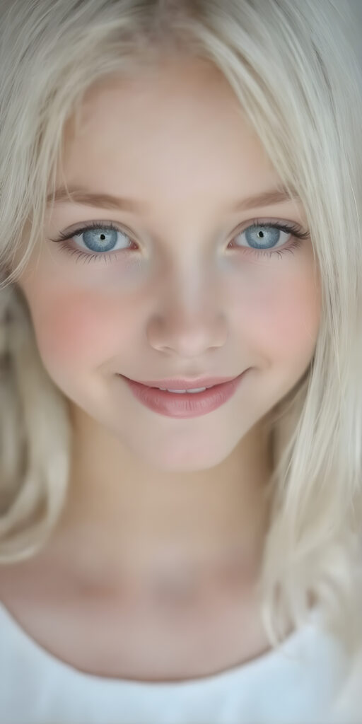 A (((perfect female girl))) with soft, (((straight white hair))) and (((natural blue eyes))), that convey a sense of innocence and playfulness, framed by a (full, slightly turned head) that exudes a sense of refined grace. Her lips are parted in a (((playful smile))), with perfectly aligned teeth that make a (((beautiful show of her entire mouth))), a fair complexion that complements her delicate features, and (((beautifully detailed skin))). Her face is (((perfectly drawn)), with intricate details that convey a sense of luxurious opulence. She's dressed in a (((beautifully detailed, elegant white dress))), that emphasizes her perfect body and complements her advanced beauty. (((The image is expertly drawn and showcases her at her best, with perfect focus and contrast that bring out her natural beauty))).