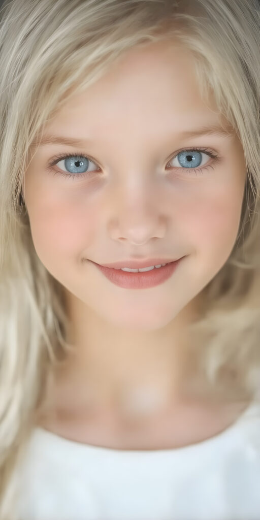 A (((perfect female girl))) with soft, (((straight white hair))) and (((natural blue eyes))), that convey a sense of innocence and playfulness, framed by a (full, slightly turned head) that exudes a sense of refined grace. Her lips are parted in a (((playful smile))), with perfectly aligned teeth that make a (((beautiful show of her entire mouth))), a fair complexion that complements her delicate features, and (((beautifully detailed skin))). Her face is (((perfectly drawn)), with intricate details that convey a sense of luxurious opulence. She's dressed in a (((beautifully detailed, elegant white dress))), that emphasizes her perfect body and complements her advanced beauty. (((The image is expertly drawn and showcases her at her best, with perfect focus and contrast that bring out her natural beauty))).
