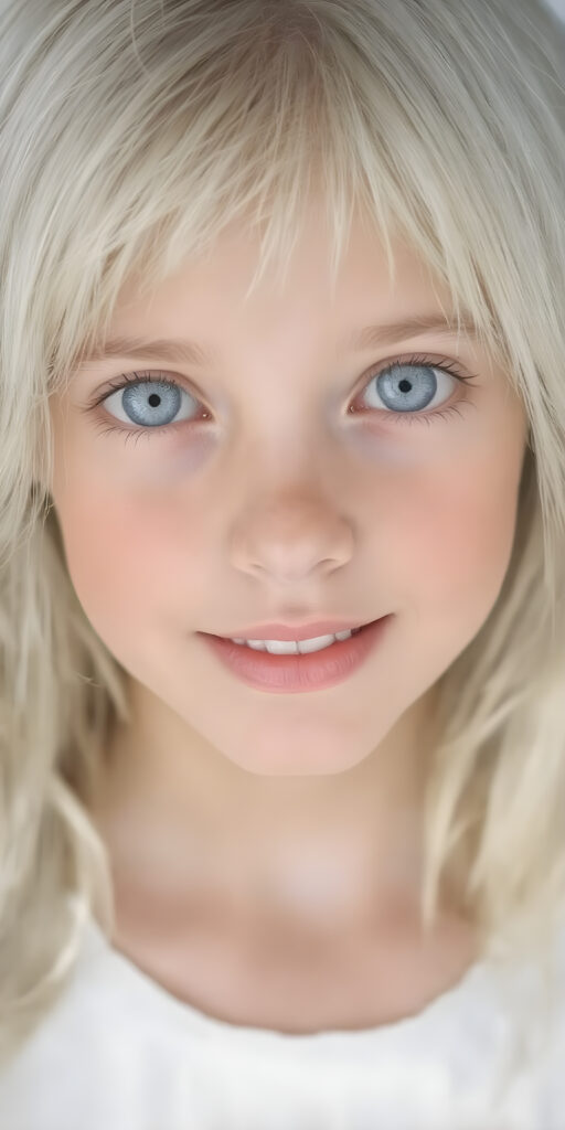 A (((perfect female girl))) with soft, (((straight white hair))) and (((natural blue eyes))), that convey a sense of innocence and playfulness, framed by a (full, slightly turned head) that exudes a sense of refined grace. Her lips are parted in a (((playful smile))), with perfectly aligned teeth that make a (((beautiful show of her entire mouth))), a fair complexion that complements her delicate features, and (((beautifully detailed skin))). Her face is (((perfectly drawn)), with intricate details that convey a sense of luxurious opulence. She's dressed in a (((beautifully detailed, elegant white dress))), that emphasizes her perfect body and complements her advanced beauty. (((The image is expertly drawn and showcases her at her best, with perfect focus and contrast that bring out her natural beauty))).