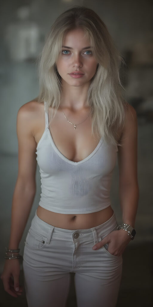 A (((perfectly realistic full body figure))) of a (((beautiful very well busty teen girl))) with white skin, intricate details and flowing platinum white locks, dressed in a (((white tank top deep v-neck, and short white jeans pants))), as if captured by a (professional photographer) in a (realistically captured moment) that exudes a sense of (seduction), silver necklace, perfect belly button