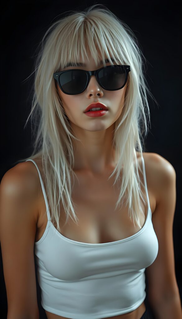 A radiant portrait of a young, tanned teen girl with white, thick, voluminous, long jet straight hair and blond highlights cascading over her shoulders. Perfect bangs frame her round face. She has a small, delicate nose and full, natural lips. She wears black sunglasses. She wears a simple white thin cropped tank top that accentuates her feminine curves. All against a black backdrop.