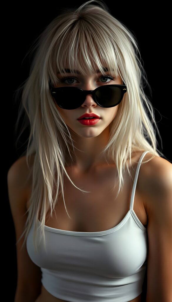 A radiant portrait of a young, tanned teen girl with white, thick, voluminous, long jet straight hair and blond highlights cascading over her shoulders. Perfect bangs frame her round face. She has a small, delicate nose and full, natural lips. She wears black sunglasses. She wears a simple white thin cropped tank top that accentuates her feminine curves. All against a black backdrop.