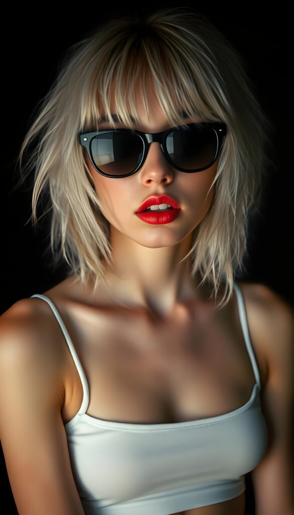 A radiant portrait of a young, tanned teen girl with white, thick, voluminous, long jet straight hair and blond highlights cascading over her shoulders. Perfect bangs frame her round face. She has a small, delicate nose and full, natural lips. She wears black sunglasses. She wears a simple white thin cropped tank top that accentuates her feminine curves. All against a black backdrop.