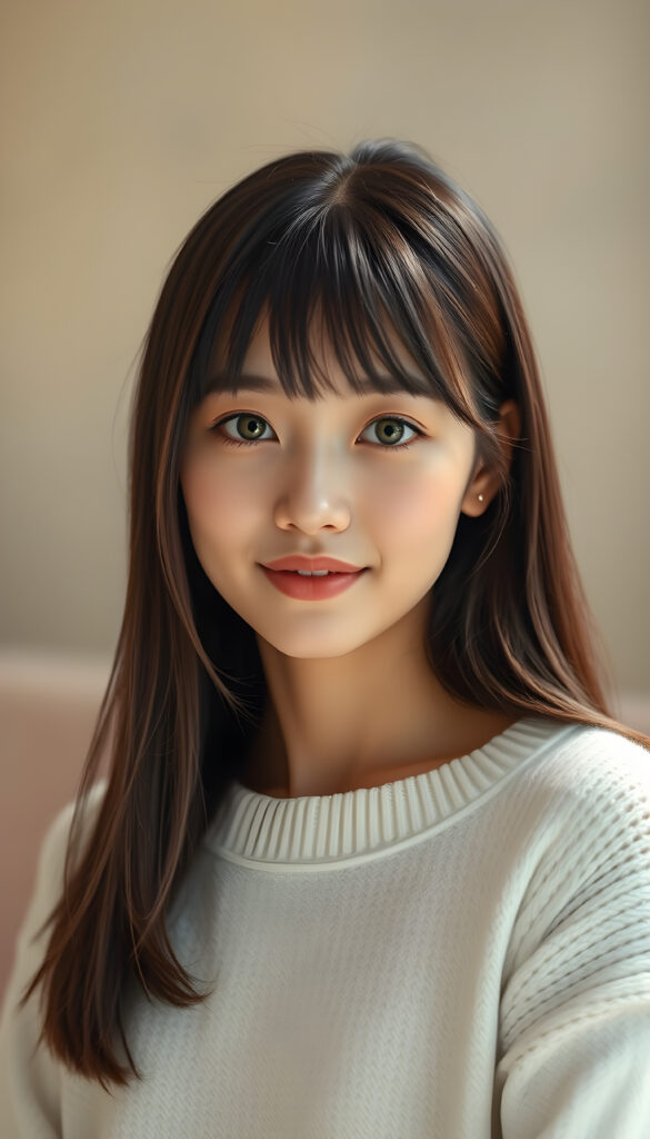 A photo of a realistic, detailed Asian girl with straight brown and obsidian black soft hair, cut to the same length on both sides, framing her round face with bangs. Her green eyes are bright and expressive, and her full lips are slightly parted in a gentle smile. She is wearing a white fine sweater that contrasts beautifully with her dark hair. The background is calming, featuring a soft gradient of pastel colors that enhances the serene atmosphere. The lighting is soft and natural, highlighting her features and creating a warm, inviting ambiance. The overall mood is tranquil and elegant, with a touch of sophistication.