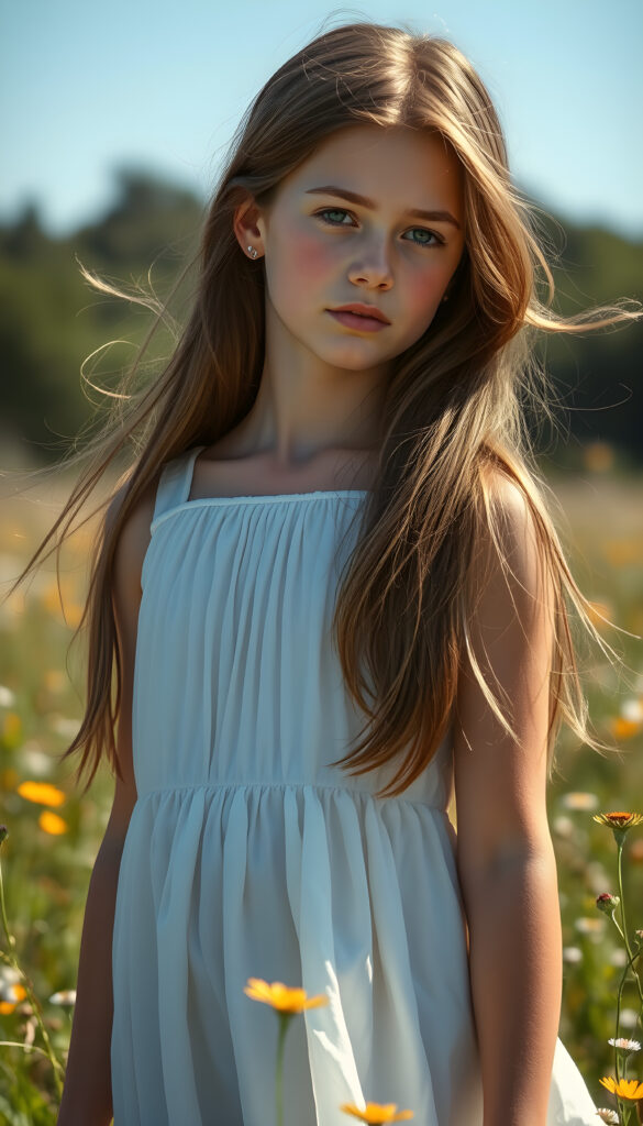 A photo of a realistic, detailed brown blonde girl with long, straight hair left an right the same length, wearing a flowing white dress, standing in a sunlit meadow with wildflowers, her hair gently blowing in the breeze, creating a serene and ethereal atmosphere.