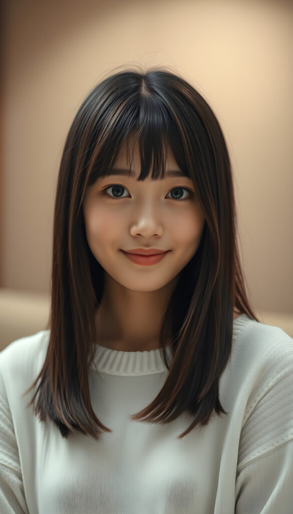A photo of a realistic, detailed Asian girl with straight brown and obsidian black soft hair, cut to the same length on both sides, framing her round face with bangs. Her green eyes are bright and expressive, and her full lips are slightly parted in a gentle smile. She is wearing a white fine sweater that contrasts beautifully with her dark hair. The background is calming, featuring a soft gradient of pastel colors that enhances the serene atmosphere. The lighting is soft and natural, highlighting her features and creating a warm, inviting ambiance. The overall mood is tranquil and elegant, with a touch of sophistication.