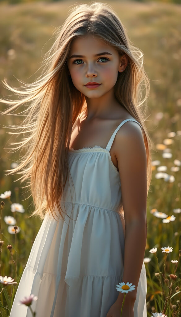 A photo of a realistic, detailed brown blonde girl with long, straight hair left an right the same length, wearing a flowing white dress, standing in a sunlit meadow with wildflowers, her hair gently blowing in the breeze, creating a serene and ethereal atmosphere.