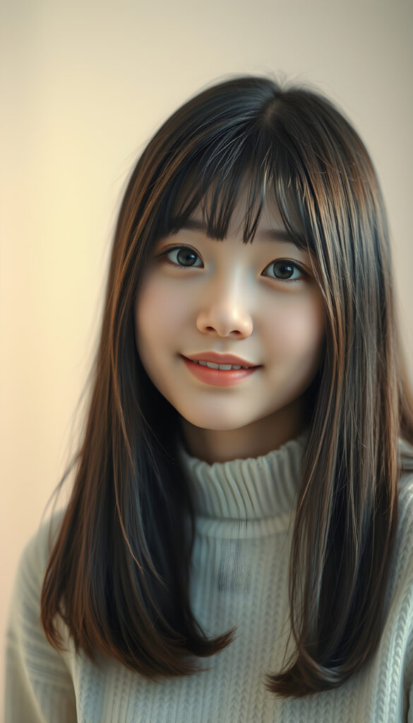A photo of a realistic, detailed Asian girl with straight brown and obsidian black soft hair, cut to the same length on both sides, framing her round face with bangs. Her green eyes are bright and expressive, and her full lips are slightly parted in a gentle smile. She is wearing a white fine sweater that contrasts beautifully with her dark hair. The background is calming, featuring a soft gradient of pastel colors that enhances the serene atmosphere. The lighting is soft and natural, highlighting her features and creating a warm, inviting ambiance. The overall mood is tranquil and elegant, with a touch of sophistication.