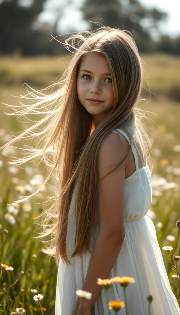 A photo of a realistic, detailed brown blonde girl with long, straight hair left an right the same length, wearing a flowing white dress, standing in a sunlit meadow with wildflowers, her hair gently blowing in the breeze, creating a serene and ethereal atmosphere.