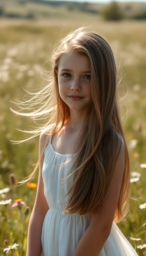 A photo of a realistic, detailed brown blonde girl with long, straight hair left an right the same length, wearing a flowing white dress, standing in a sunlit meadow with wildflowers, her hair gently blowing in the breeze, creating a serene and ethereal atmosphere.