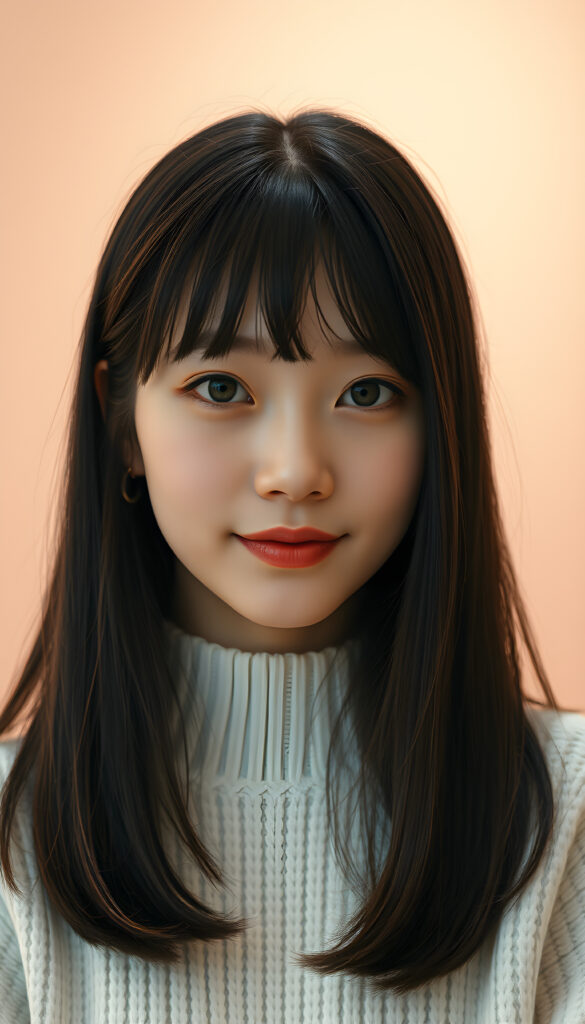 A photo of a realistic, detailed Asian girl with straight brown and obsidian black soft hair, cut to the same length on both sides, framing her round face with bangs. Her green eyes are bright and expressive, and her full lips are slightly parted in a gentle smile. She is wearing a white fine sweater that contrasts beautifully with her dark hair. The background is calming, featuring a soft gradient of pastel colors that enhances the serene atmosphere. The lighting is soft and natural, highlighting her features and creating a warm, inviting ambiance. The overall mood is tranquil and elegant, with a touch of sophistication.