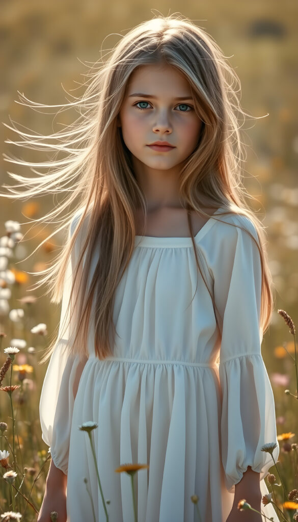 A photo of a realistic, detailed brown blonde girl with long, straight hair left an right the same length, wearing a flowing white dress, standing in a sunlit meadow with wildflowers, her hair gently blowing in the breeze, creating a serene and ethereal atmosphere.