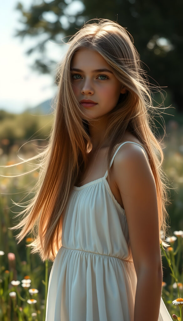 A photo of a realistic, detailed brown blonde girl with long, straight hair left an right the same length, wearing a flowing white dress, standing in a sunlit meadow with wildflowers, her hair gently blowing in the breeze, creating a serene and ethereal atmosphere.