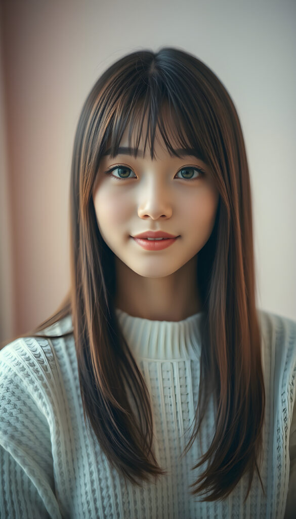 A photo of a realistic, detailed Asian girl with straight brown and obsidian black soft hair, cut to the same length on both sides, framing her round face with bangs. Her green eyes are bright and expressive, and her full lips are slightly parted in a gentle smile. She is wearing a white fine sweater that contrasts beautifully with her dark hair. The background is calming, featuring a soft gradient of pastel colors that enhances the serene atmosphere. The lighting is soft and natural, highlighting her features and creating a warm, inviting ambiance. The overall mood is tranquil and elegant, with a touch of sophistication.