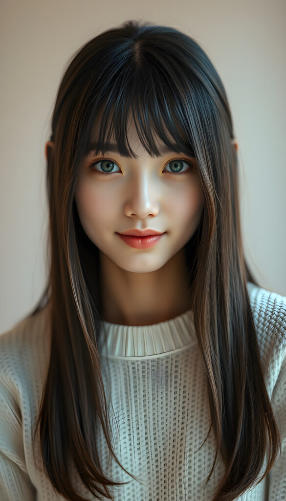 A photo of a realistic, detailed Asian girl with straight brown and obsidian black soft hair, cut to the same length on both sides, framing her round face with bangs. Her green eyes are bright and expressive, and her full lips are slightly parted in a gentle smile. She is wearing a white fine sweater that contrasts beautifully with her dark hair. The background is calming, featuring a soft gradient of pastel colors that enhances the serene atmosphere. The lighting is soft and natural, highlighting her features and creating a warm, inviting ambiance. The overall mood is tranquil and elegant, with a touch of sophistication.