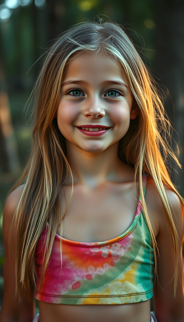A playful, cheerful young girl with flawless, radiant skin, wearing a vibrant, multicolored cropped tank top, has a low neckline revealing a little of her chest. Her full, plump red lips are slightly open, and she has sparkling green eyes. Her long, straight, silky golden blonde hair flows gracefully and has the same length right and left, and she is surrounded by a dreamy, magical forest. The lighting is soft and enchanting, creating a whimsical and joyful atmosphere.