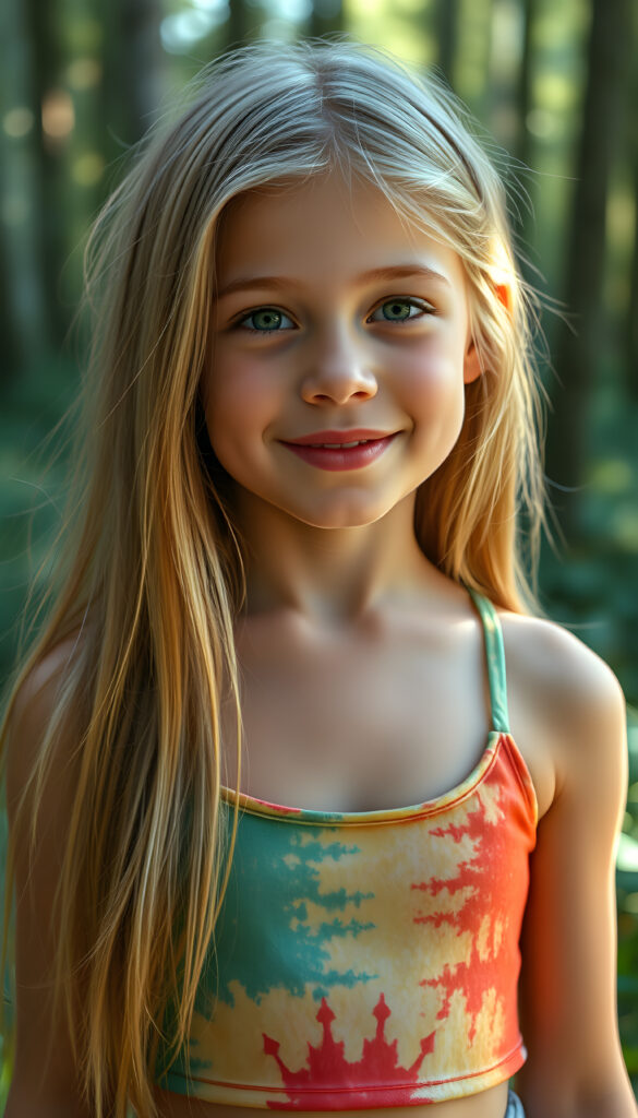 A playful, cheerful young girl with flawless, radiant skin, wearing a vibrant, multicolored cropped tank top, has a low neckline revealing a little of her chest. Her full, plump red lips are slightly open, and she has sparkling green eyes. Her long, straight, silky golden blonde hair flows gracefully and has the same length right and left, and she is surrounded by a dreamy, magical forest. The lighting is soft and enchanting, creating a whimsical and joyful atmosphere.