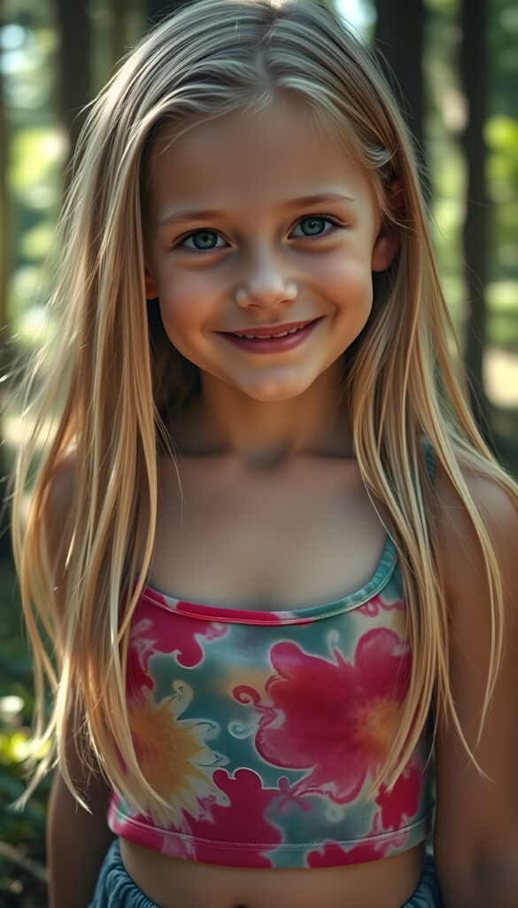 A playful, cheerful young girl with flawless, radiant skin, wearing a vibrant, multicolored cropped tank top, has a low neckline revealing a little of her chest. Her full, plump red lips are slightly open, and she has sparkling green eyes. Her long, straight, silky golden blonde hair flows gracefully and has the same length right and left, and she is surrounded by a dreamy, magical forest. The lighting is soft and enchanting, creating a whimsical and joyful atmosphere.