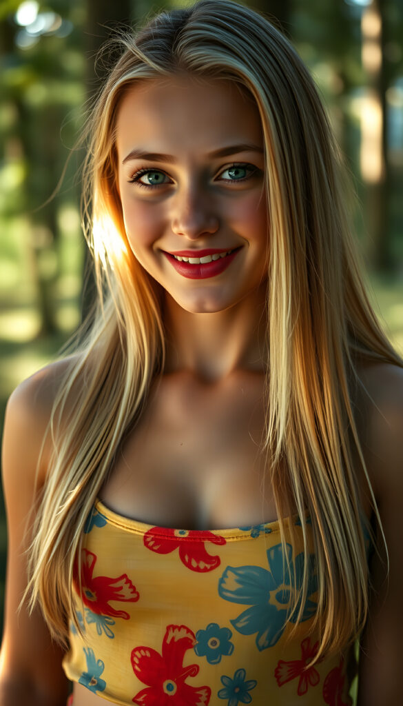 A playful, cheerful young well busty adult girl with flawless, radiant skin, wearing a vibrant, multicolored cropped tank top, has a low neckline revealing a little of her chest. Her full, plump red lips are slightly open, and she has sparkling green eyes. Her long, straight, silky golden blonde hair flows gracefully and has the same length right and left, and she is surrounded by a dreamy, magical forest. The lighting is soft and enchanting, creating a whimsical and joyful atmosphere.