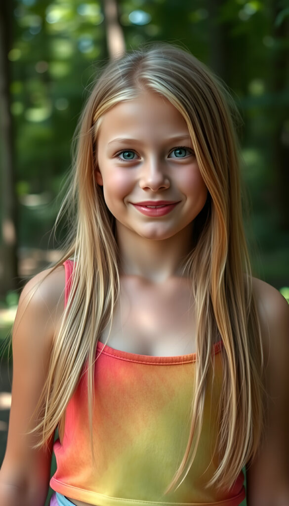 A playful, cheerful young girl with flawless, radiant skin, wearing a vibrant, multicolored cropped tank top, has a low neckline revealing a little of her chest. Her full, plump red lips are slightly open, and she has sparkling green eyes. Her long, straight, silky golden blonde hair flows gracefully and has the same length right and left, and she is surrounded by a dreamy, magical forest. The lighting is soft and enchanting, creating a whimsical and joyful atmosphere.