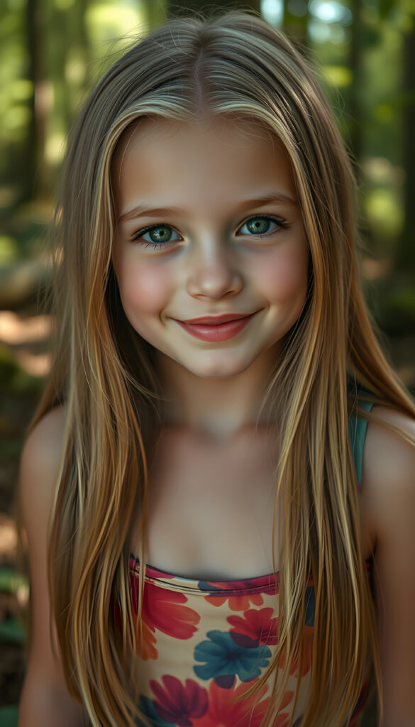 A playful, cheerful young girl with flawless, radiant skin, wearing a vibrant, multicolored cropped tank top, has a low neckline revealing a little of her chest. Her full, plump red lips are slightly open, and she has sparkling green eyes. Her long, straight, silky golden blonde hair flows gracefully and has the same length right and left, and she is surrounded by a dreamy, magical forest. The lighting is soft and enchanting, creating a whimsical and joyful atmosphere.