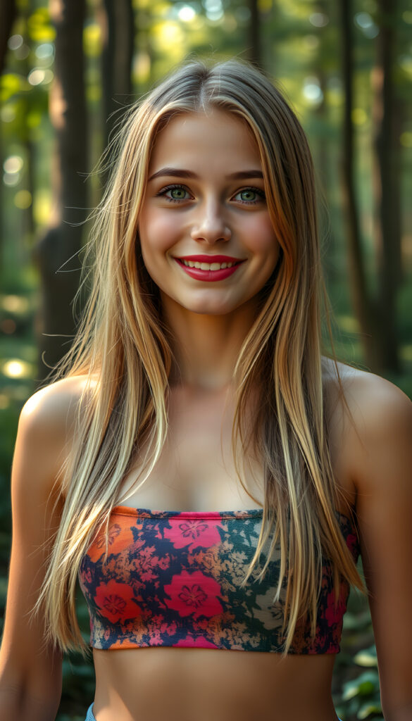 A playful, cheerful young well busty adult girl with flawless, radiant skin, wearing a vibrant, multicolored cropped tank top, has a low neckline revealing a little of her chest. Her full, plump red lips are slightly open, and she has sparkling green eyes. Her long, straight, silky golden blonde hair flows gracefully and has the same length right and left, and she is surrounded by a dreamy, magical forest. The lighting is soft and enchanting, creating a whimsical and joyful atmosphere.