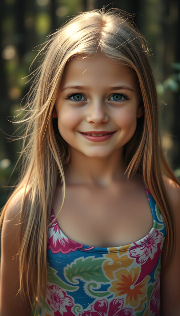 A playful, cheerful young girl with flawless, radiant skin, wearing a vibrant, multicolored cropped tank top, has a low neckline revealing a little of her chest. Her full, plump red lips are slightly open, and she has sparkling green eyes. Her long, straight, silky golden blonde hair flows gracefully and has the same length right and left, and she is surrounded by a dreamy, magical forest. The lighting is soft and enchanting, creating a whimsical and joyful atmosphere.