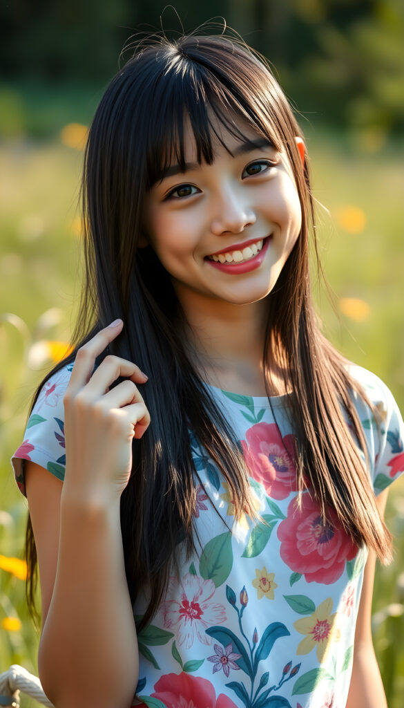 A playful young Asian woman with straight, silky soft detailed black hair cascading over her shoulders, wearing a vibrant, floral t-shirt that highlights her warm smile and her perfect female body. Her full lips and sparkling amber eyes exude innocence, while her round cheeks add a touch of cuteness. She strikes a cheerful pose in a sunny meadow, with a cheerful, carefree vibe.