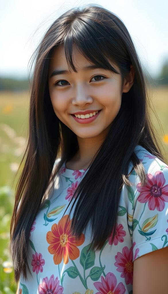 A playful young Asian woman with straight, silky soft detailed black hair cascading over her shoulders, wearing a vibrant, floral t-shirt that highlights her warm smile and her perfect female body. Her full lips and sparkling amber eyes exude innocence, while her round cheeks add a touch of cuteness. She strikes a cheerful pose in a sunny meadow, with a cheerful, carefree vibe.