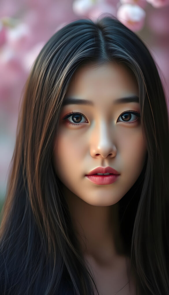 A centred portrait of a stunning Chinese girl with sleek black long hair. Her hair is highlighted with shimmering brown highlights that cascade down her face, creating a striking contrast. She has a serene expression, with soft brown eyes and flawless skin. The background is a dreamy, bokeh effect of soft pink and purple hues, emphasizing her elegance. Her lips are a natural pink, and she wears minimal makeup that accentuates her natural beauty. The lighting is soft and warm, casting a gentle glow on her face, enhancing her features. The overall composition is artistic and ethereal, capturing the essence of her grace and beauty.