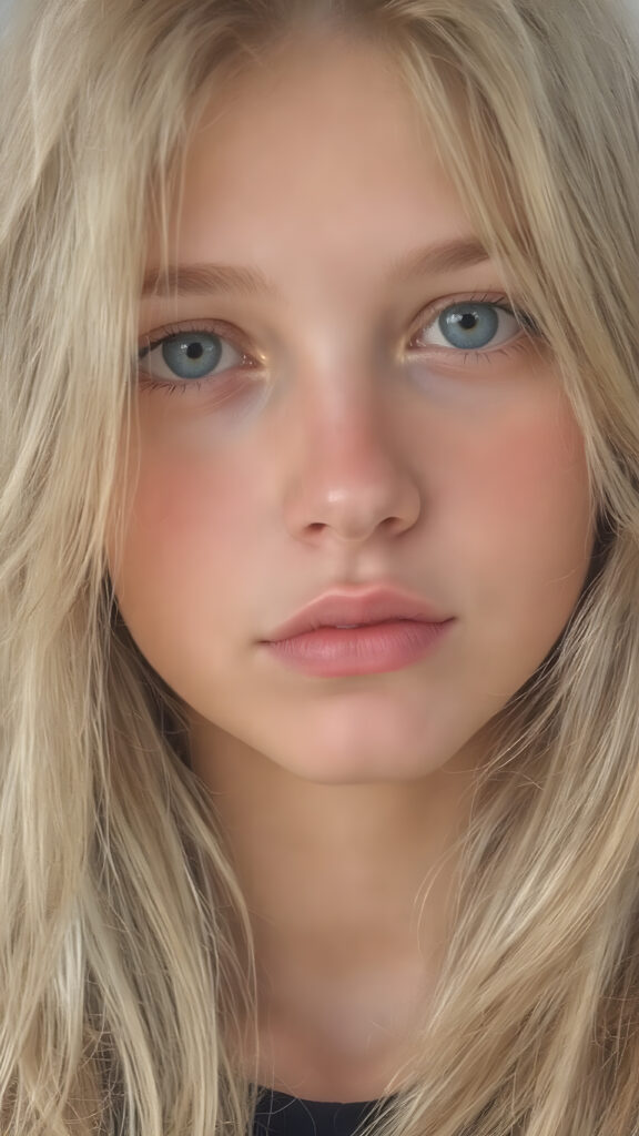 A (((pretty 18-year-old girl))), with (((light-colored skin))), (((adorable eyes))), and long, flowing (((blonde hair))) featuring ((blondish highlights)) that give off a glowing, natural warmth. She's exuding an air of youthful confidence and vitality