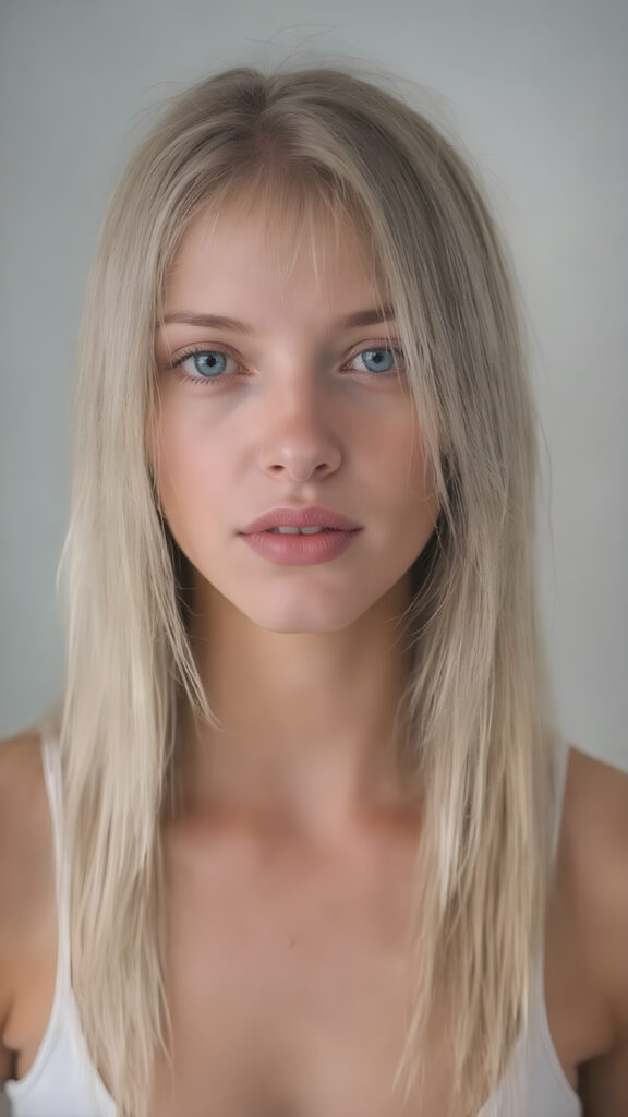 A (((pretty 18 years old female teen with realistic detailed long straight jet white hair same length right and left, fair skin, white teeth and bright blue eyes))), showcasing her (((beautiful, plump full lips))) in a ((vividly detailed, pink lipstick)) spread across her face, the lips framed by a (short, sculpted jet white beard). She's dressed in a ((realistic detailed white tank top)), which accentuates her perfect figure in a low cut, high slit dress. The scene is captured under a (softly detailed, natural light) that brings out her youthful features, with a minimalistic hazy grey background that complements the advanced color grading on the face and body, emphasizing the (realistic detailed textures) of the skin and hair