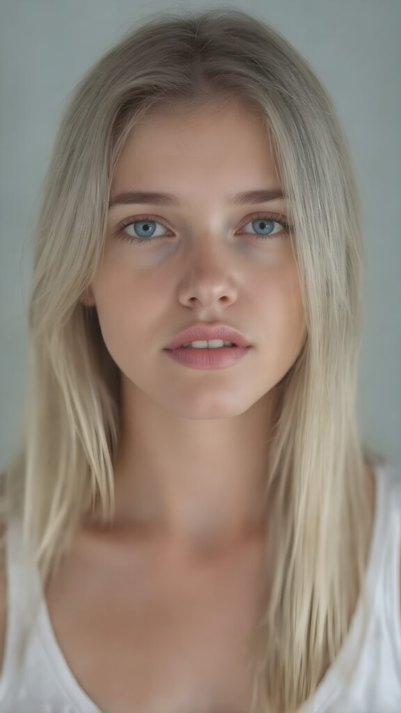 A (((pretty 18 years old female teen with realistic detailed long straight jet white hair same length right and left, fair skin, white teeth and bright blue eyes))), showcasing her (((beautiful, plump full lips))) in a ((vividly detailed, pink lipstick)) spread across her face, the lips framed by a (short, sculpted jet white beard). She's dressed in a ((realistic detailed white tank top)), which accentuates her perfect figure in a low cut, high slit dress. The scene is captured under a (softly detailed, natural light) that brings out her youthful features, with a minimalistic hazy grey background that complements the advanced color grading on the face and body, emphasizing the (realistic detailed textures) of the skin and hair