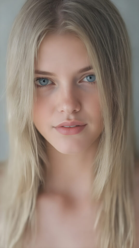 A (((pretty 18 years old female teen with realistic detailed long straight jet white hair same length right and left, fair skin, white teeth and bright blue eyes))), showcasing her (((beautiful, plump full lips))) in a ((vividly detailed, pink lipstick)) spread across her face, the lips framed by a (short, sculpted jet white beard). She's dressed in a ((realistic detailed white tank top)), which accentuates her perfect figure in a low cut, high slit dress. The scene is captured under a (softly detailed, natural light) that brings out her youthful features, with a minimalistic hazy grey background that complements the advanced color grading on the face and body, emphasizing the (realistic detailed textures) of the skin and hair