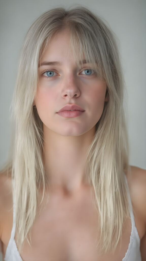 A (((pretty 18 years old female teen with realistic detailed long straight jet white hair same length right and left, fair skin, white teeth and bright blue eyes))), showcasing her (((beautiful, plump full lips))) in a ((vividly detailed, pink lipstick)) spread across her face, the lips framed by a (short, sculpted jet white beard). She's dressed in a ((realistic detailed white tank top)), which accentuates her perfect figure in a low cut, high slit dress. The scene is captured under a (softly detailed, natural light) that brings out her youthful features, with a minimalistic hazy grey background that complements the advanced color grading on the face and body, emphasizing the (realistic detailed textures) of the skin and hair