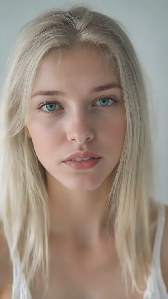 A (((pretty 18 years old female teen with realistic detailed long straight jet white hair same length right and left, fair skin, white teeth and bright blue eyes))), showcasing her (((beautiful, plump full lips))) in a ((vividly detailed, pink lipstick)) spread across her face, the lips framed by a (short, sculpted jet white beard). She's dressed in a ((realistic detailed white tank top)), which accentuates her perfect figure in a low cut, high slit dress. The scene is captured under a (softly detailed, natural light) that brings out her youthful features, with a minimalistic hazy grey background that complements the advanced color grading on the face and body, emphasizing the (realistic detailed textures) of the skin and hair