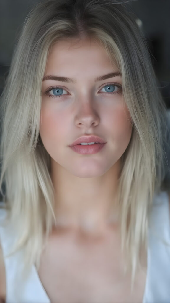 A (((pretty 18 years old female teen with realistic detailed long straight jet white hair same length right and left, fair skin, white teeth and bright blue eyes))), showcasing her (((beautiful, plump full lips))) in a ((vividly detailed, pink lipstick)) spread across her face, the lips framed by a (short, sculpted jet white beard). She's dressed in a ((realistic detailed white tank top)), which accentuates her perfect figure in a low cut, high slit dress. The scene is captured under a (softly detailed, natural light) that brings out her youthful features, with a minimalistic hazy grey background that complements the advanced color grading on the face and body, emphasizing the (realistic detailed textures) of the skin and hair