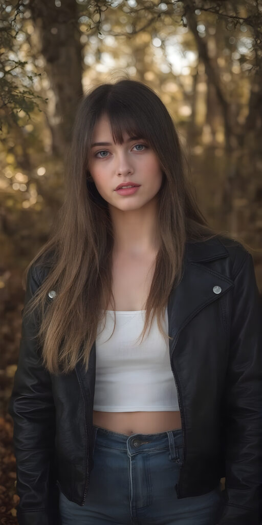 A (((pretty girl))) with (((skin as soft as it comes out of the (forest edge), where the (trees) have (tightly fitted open) black leather jackets (a white, short cropped lifted tank top underneath), and (short denim pants). Her (long, (straight) brown hair) brushes up against the trees' low branches. Her (face) is flawless with (high cheekbones) and (natural, (light brown) eyes). (((She wears no makeup))). The image is captured with (a 35mm lens), giving it a (full body shot) with intricate details. In the (style of an old classic movie, like From Here to Eternity) and the (golden tones of a warm, autumn day) create a nostalgia reminiscent of a bygone era