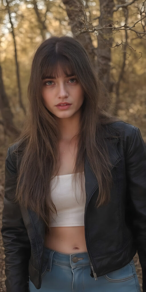 A (((pretty girl))) with (((skin as soft as it comes out of the (forest edge), where the (trees) have (tightly fitted open) black leather jackets (a white, short cropped lifted tank top underneath), and (short denim pants). Her (long, (straight) brown hair) brushes up against the trees' low branches. Her (face) is flawless with (high cheekbones) and (natural, (light brown) eyes). (((She wears no makeup))). The image is captured with (a 35mm lens), giving it a (full body shot) with intricate details. In the (style of an old classic movie, like From Here to Eternity) and the (golden tones of a warm, autumn day) create a nostalgia reminiscent of a bygone era