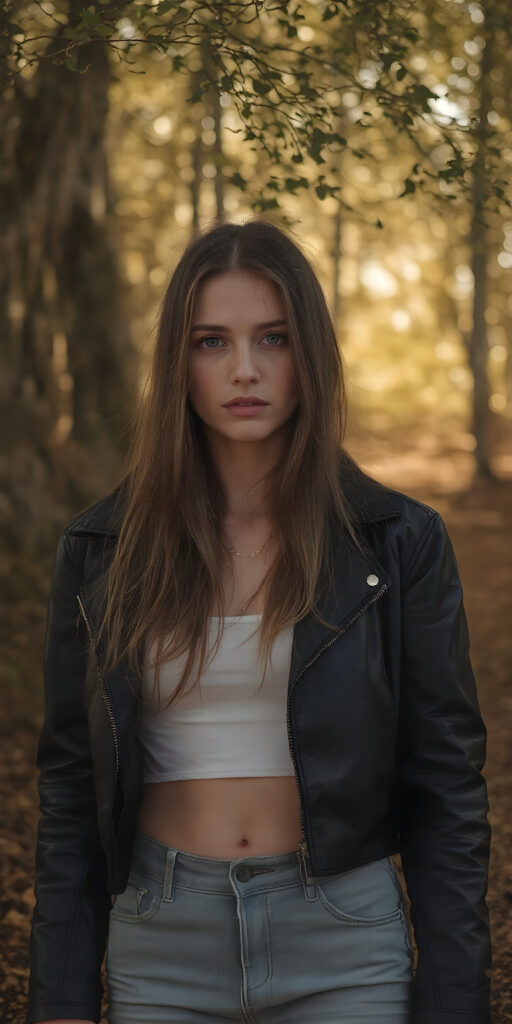 A (((pretty girl))) with (((skin as soft as it comes out of the (forest edge), where the (trees) have (tightly fitted open) black leather jackets (a white, short cropped lifted tank top underneath), and (short denim pants). Her (long, (straight) brown hair) brushes up against the trees' low branches. Her (face) is flawless with (high cheekbones) and (natural, (light brown) eyes). (((She wears no makeup))). The image is captured with (a 35mm lens), giving it a (full body shot) with intricate details. In the (style of an old classic movie, like From Here to Eternity) and the (golden tones of a warm, autumn day) create a nostalgia reminiscent of a bygone era