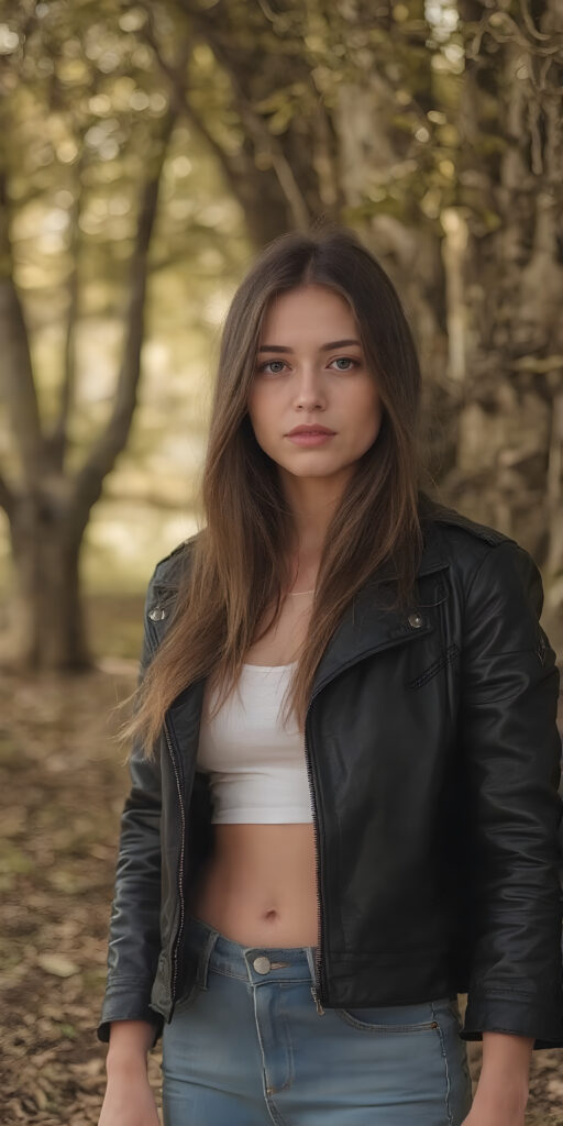 A (((pretty girl))) with (((skin as soft as it comes out of the (forest edge), where the (trees) have (tightly fitted open) black leather jackets (a white, short cropped lifted tank top underneath), and (short denim pants). Her (long, (straight) brown hair) brushes up against the trees' low branches. Her (face) is flawless with (high cheekbones) and (natural, (light brown) eyes). (((She wears no makeup))). The image is captured with (a 35mm lens), giving it a (full body shot) with intricate details. In the (style of an old classic movie, like From Here to Eternity) and the (golden tones of a warm, autumn day) create a nostalgia reminiscent of a bygone era