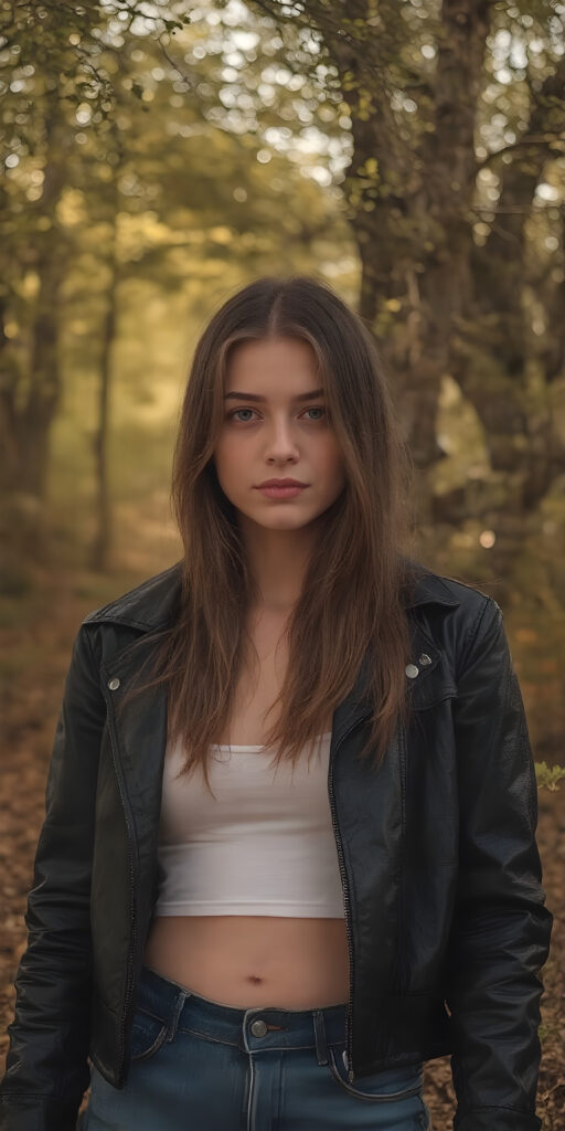 A (((pretty girl))) with (((skin as soft as it comes out of the (forest edge), where the (trees) have (tightly fitted open) black leather jackets (a white, short cropped lifted tank top underneath), and (short denim pants). Her (long, (straight) brown hair) brushes up against the trees' low branches. Her (face) is flawless with (high cheekbones) and (natural, (light brown) eyes). (((She wears no makeup))). The image is captured with (a 35mm lens), giving it a (full body shot) with intricate details. In the (style of an old classic movie, like From Here to Eternity) and the (golden tones of a warm, autumn day) create a nostalgia reminiscent of a bygone era