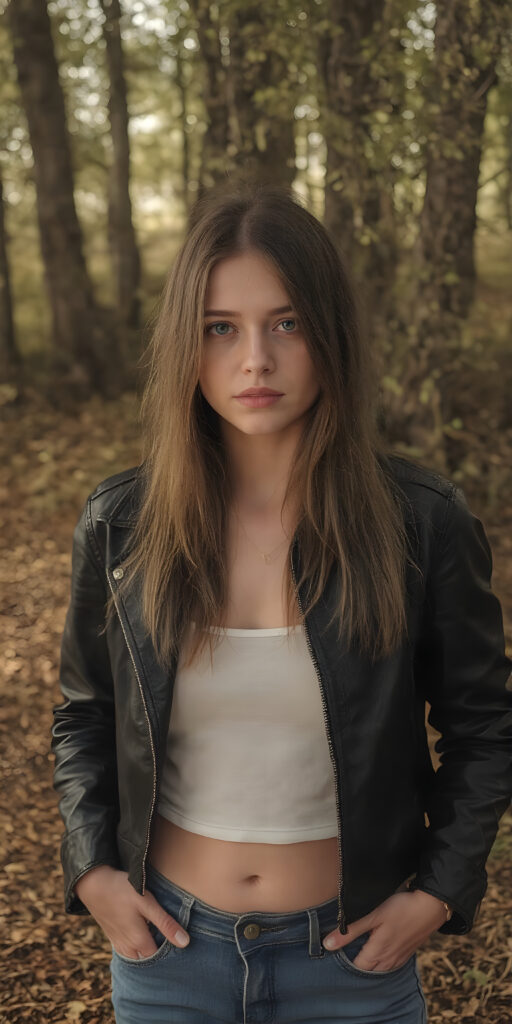 A (((pretty girl))) with (((skin as soft as it comes out of the (forest edge), where the (trees) have (tightly fitted open) black leather jackets (a white, short cropped lifted tank top underneath), and (short denim pants). Her (long, (straight) brown hair) brushes up against the trees' low branches. Her (face) is flawless with (high cheekbones) and (natural, (light brown) eyes). (((She wears no makeup))). The image is captured with (a 35mm lens), giving it a (full body shot) with intricate details. In the (style of an old classic movie, like From Here to Eternity) and the (golden tones of a warm, autumn day) create a nostalgia reminiscent of a bygone era