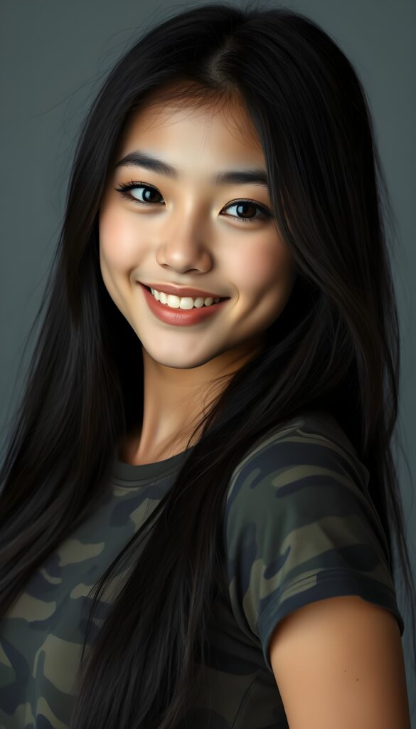 A pretty, young girl with long, straight black hair, dark eyes, flawless, soft skin, full lips, and white teeth. Her hair frames her angelic, round face and falls gently over her shoulders. She’s wearing a tight T-shirt in camouflage colors. She’s making a funny face and looking cheekily at the camera and smile. Grey Backdrop. Perfect curved female body.