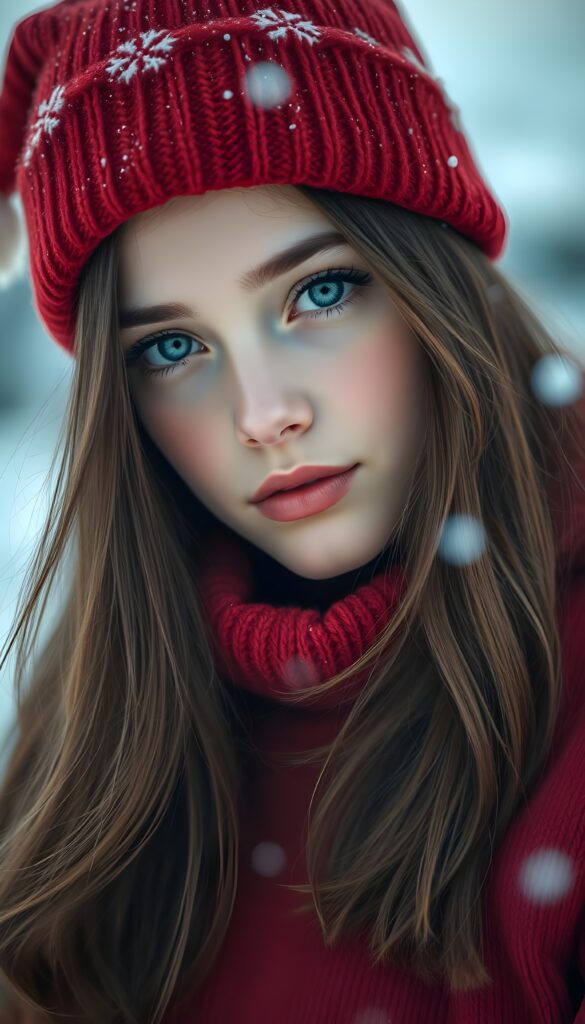 A pretty young girl with silky brown hair and black hinglights, deep blue eyes, and flawless skin. She is wearing a red Christmas hat and a red, fine thin wool sweater, support her perfect curved female figure. White, snowy backdrop in the mountains.