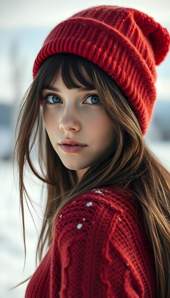A pretty young girl with silky brown hair and black hinglights, deep blue eyes, and flawless skin. She is wearing a red Christmas hat and a red, fine thin wool sweater, support her perfect curved female figure. White, snowy backdrop in the mountains.