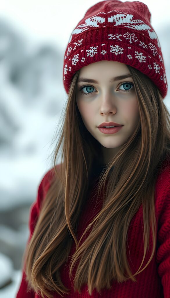 A pretty young girl with silky brown hair and black hinglights, deep blue eyes, and flawless skin. She is wearing a red Christmas hat and a red, fine thin wool sweater, support her perfect curved female figure. White, snowy backdrop in the mountains.