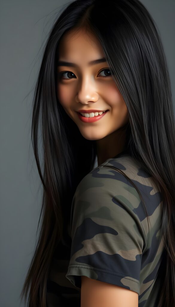 A pretty, young girl with long, straight black hair, dark eyes, flawless, soft skin, full lips, and white teeth. Her hair frames her angelic, round face and falls gently over her shoulders. She’s wearing a tight T-shirt in camouflage colors. She’s making a funny face and looking cheekily at the camera and smile. Grey Backdrop. Perfect curved female body.